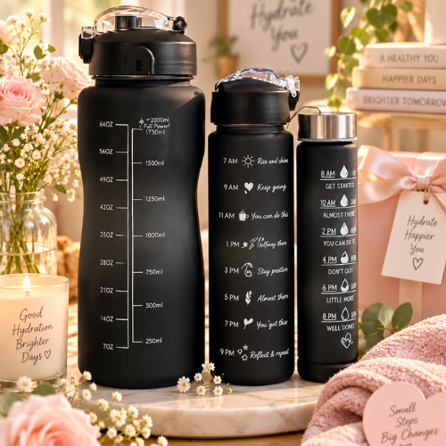Bottle: Premium Black Motivational Water Bottle, Pack of 03