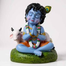 Idol: Handcrafted resin Bal Roop Lord Krishna idol with a cow