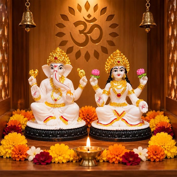 idol: Lakshmi Ganesh Idol Set of 2 White & Gold Hindu God Statue