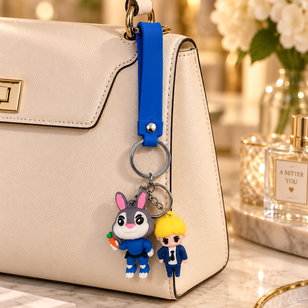 Keychain: Bunny Duo 3D Character Keychain with Blue Wrist Strap