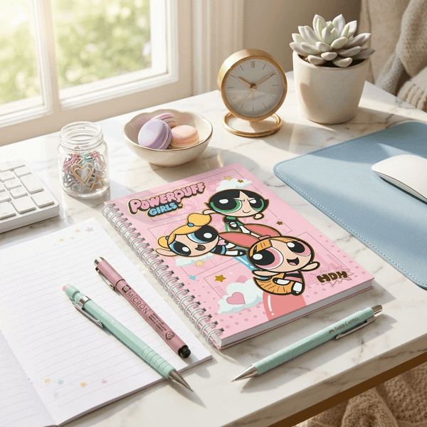 Spiral Notebook: Powerpuff Girls Printed with Glossy Character Cover – Pink