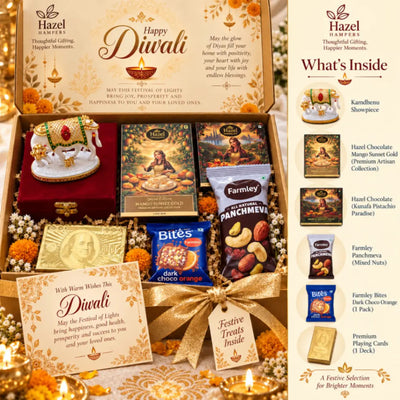 Premium Diwali Gift Hamper with Kamdhenu Showpiece+2 Hazel Chocolates+Farmley Nuts+Choco Orange Bites & Gold Playing Cards