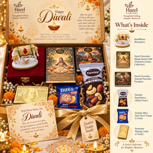Premium Diwali Gift Hamper with Kamdhenu Showpiece+2 Hazel Chocolates+Farmley Nuts+Choco Orange Bites & Gold Playing Cards