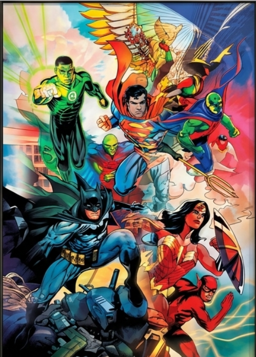 Poster: $UPERMAN, B@TMAN, Wonder Woman, Green Lantern and other Justice League heroes