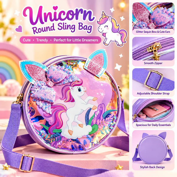 Bags: Magical Unicorn Round Sling Bag for Kids – Purple