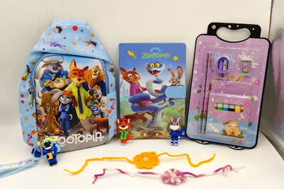 Zutopia Kids Backpack, Stationery Kit, Rakhi, Diary, and Keychain Combo