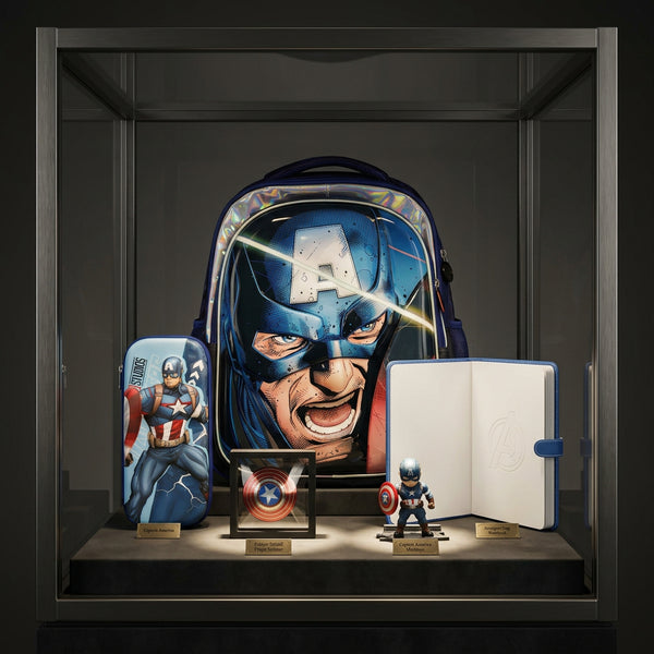 Captain 🎯 A=>School Gift Hamper Set – (Luxury 3D Backpack+ Stationary Case+ Magnetic Diary +Decorative Display Captain A-Shield +Anime)