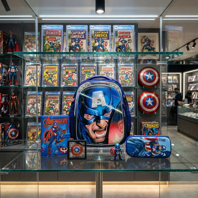 Captain 🎯 A=>School Gift Hamper Set – (Luxury 3D Backpack+ Stationary Case+ Magnetic Diary +Decorative Display Captain A-Shield +Anime)