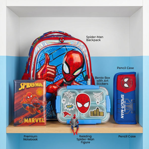 🕸️$pidey Full School Combo Set – (3D Backpack+ Bento Premium Lunch Box, +Stationary Case+ Diary +Spideey newspaper Mini Figurine)