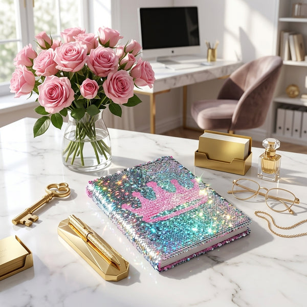 Diary: reversible sequin with a pink crown design