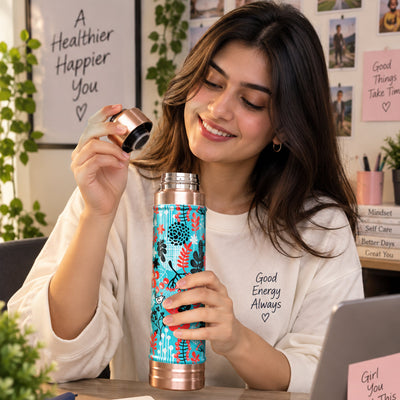 Bottle: Premium Turquoise Floral Bottle & Tumbler Gift Set – 750 ml Bottle with Matching Cup