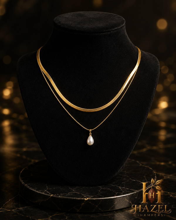 Jewellery Necklace: Double Layered Herringbone Pearl Drop | 18K Gold Plated | Anti-Tarnish