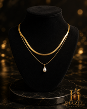 Jewellery Necklace: Double Layered Herringbone Pearl Drop | 18K Gold Plated | Anti-Tarnish