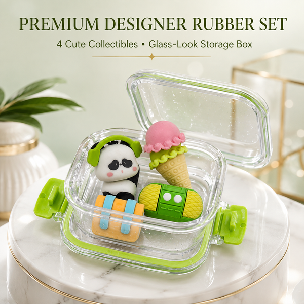 Cute Set of 4 Erasers with Glass Case