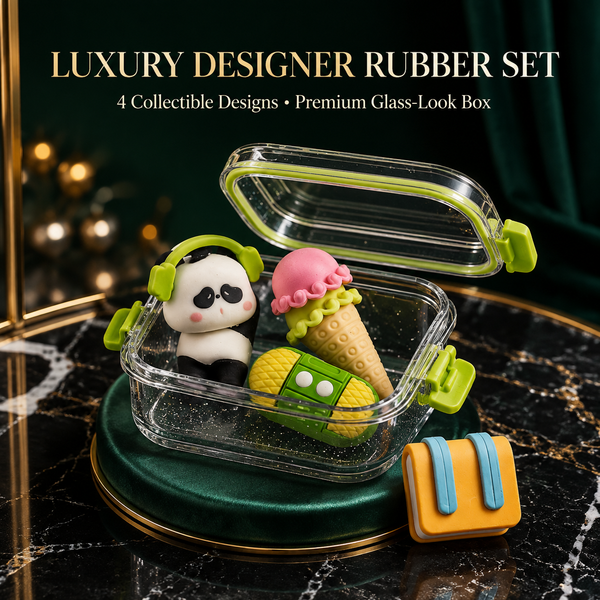 Cute Set of 4 Erasers with Glass Case