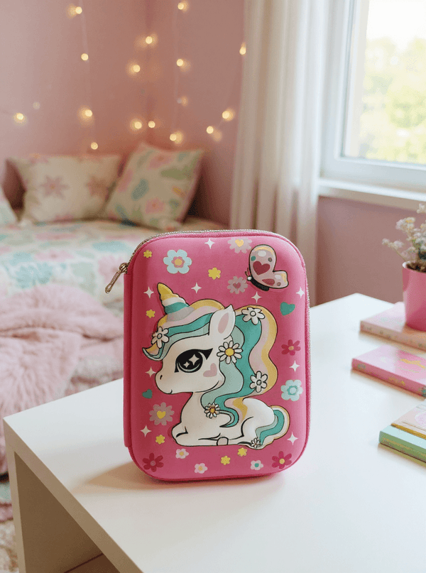 Unicorn 3D Hardtop Pencil Box – Multi-Compartment School Pouch for Girls