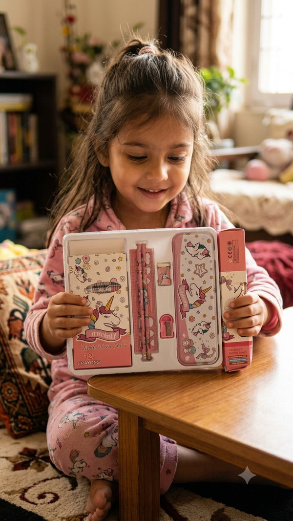 Magical Unicorn Kids Stationery Gift Set – Metal Pencil Box, 12 Crayons, Pencils, Ruler, Sharpener & Coloring Scroll Kit