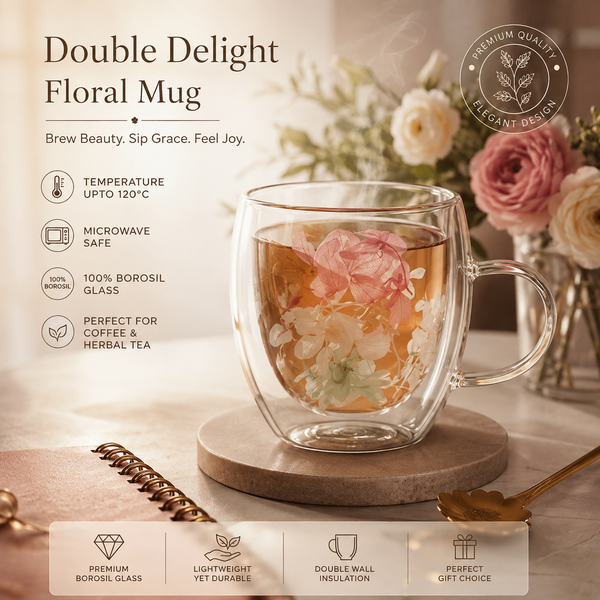 Floral Double Decker Borosil Mug (Microwave Safe)