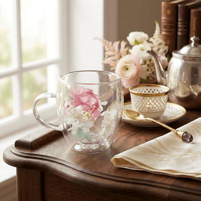 Floral Double Decker Borosil Mug (Microwave Safe)