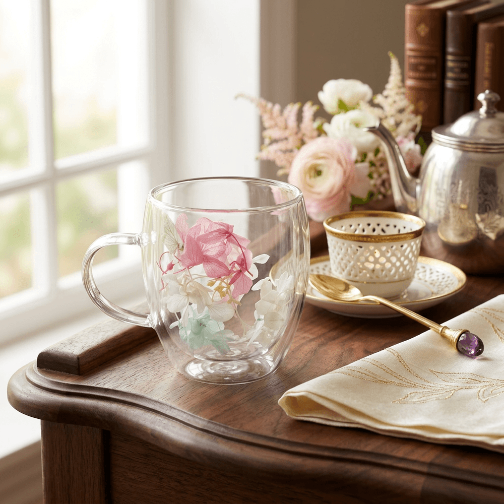 Floral Double Decker Borosil Mug (Microwave Safe)